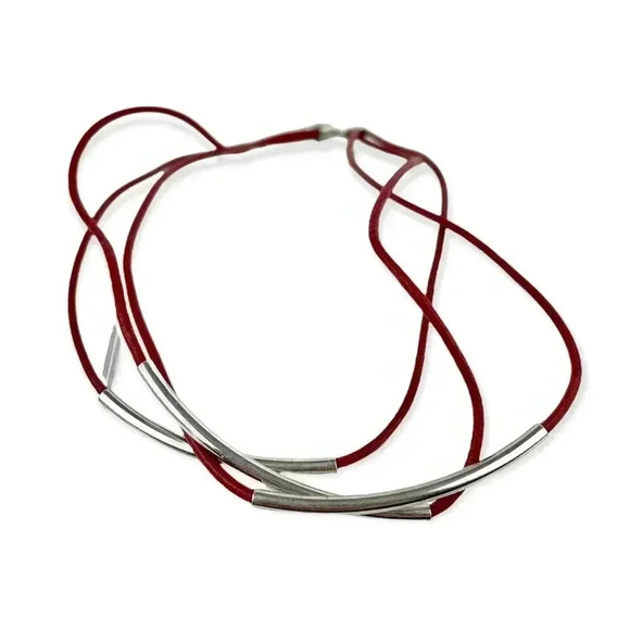 Unbranded Jewelry - Dark Red Layered Leather Strands Necklace With Metal Accent 15" Layered